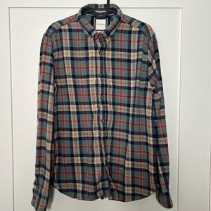 Denim & Flower Mens Shirt Large Flannel Button Down Plaid Long Sleeve Blue Red